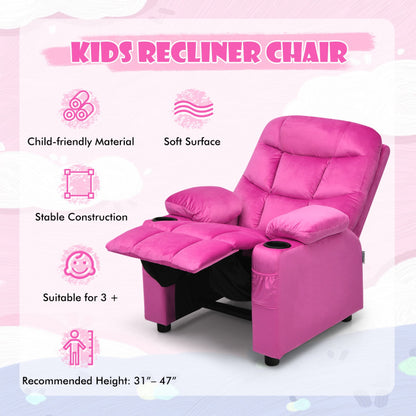 Kids PU Leather/Velvet Fabric Kids Recliner Chair with Cup Holders