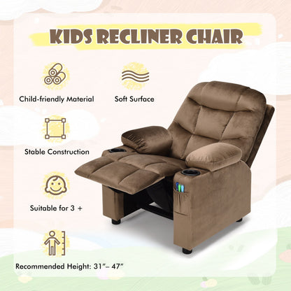 Kids PU Leather/Velvet Fabric Kids Recliner Chair with Cup Holders