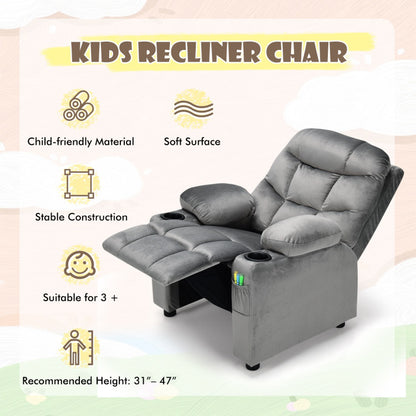 Kids PU Leather/Velvet Fabric Kids Recliner Chair with Cup Holders