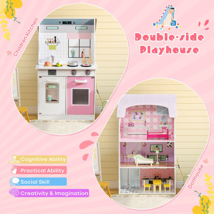 2-In-1 Kids Kitchen Playset and Dollhouse with Accessories