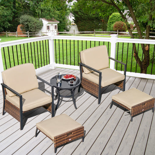 5 Piece Patio Wicker Conversation Set with Soft Cushions for the Garden Yard
