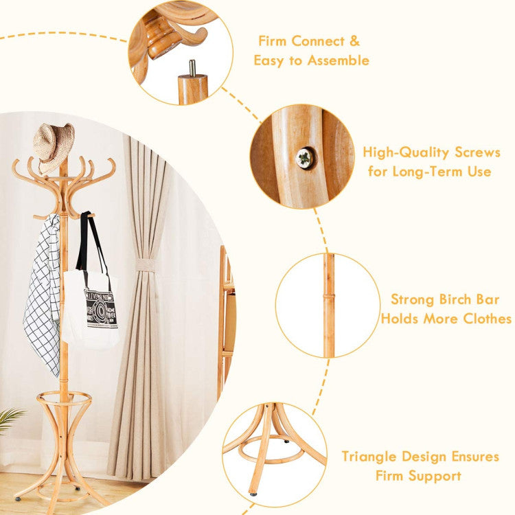 Wooden Standing Coat Rack Tree with 12 Hooks and Umbrella Stand