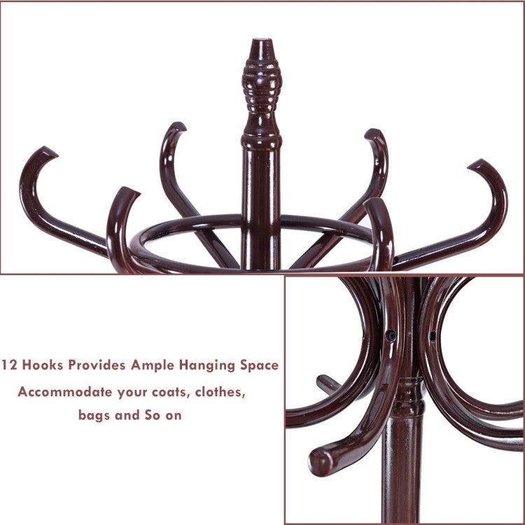 Wooden Standing Coat Rack Tree with 12 Hooks and Umbrella Stand