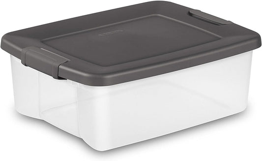 STERILITE Storage Tote, Clear/Gray, Polypropylene - Lid Locking Type Latches, Perfect for Shelf, 6.2 Gallon Capacity, 19 7/8 in L, 15 1/2 in W, 7 3/4 in H