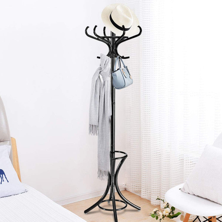 Wooden Standing Coat Rack Tree with 12 Hooks and Umbrella Stand