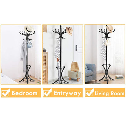 Wooden Standing Coat Rack Tree with 12 Hooks and Umbrella Stand