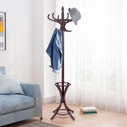 Wooden Standing Coat Rack Tree with 12 Hooks and Umbrella Stand