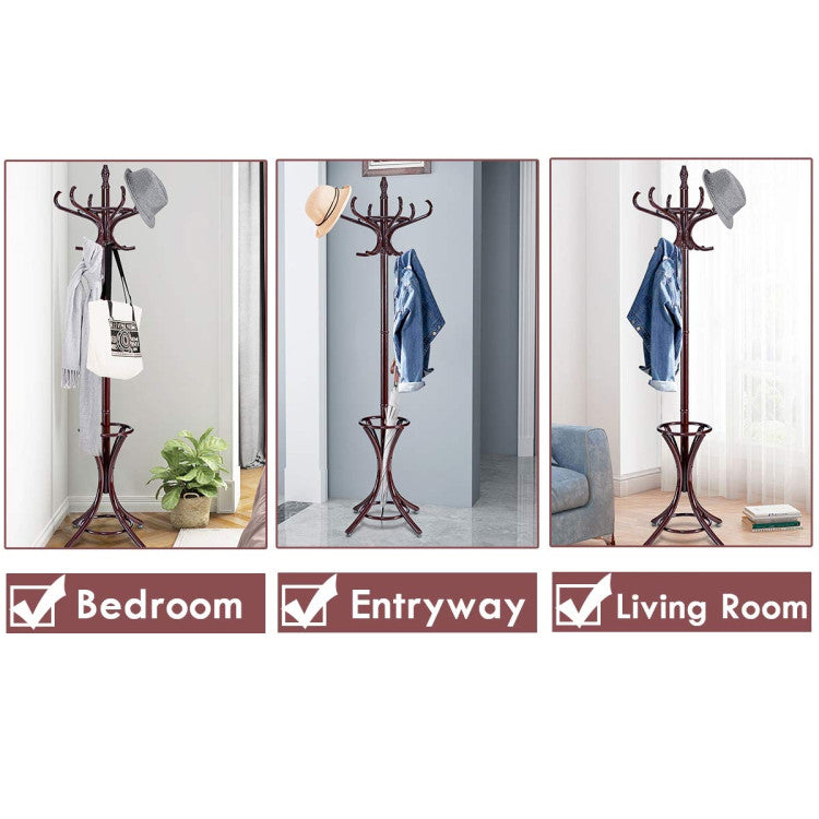 Wooden Standing Coat Rack Tree with 12 Hooks and Umbrella Stand