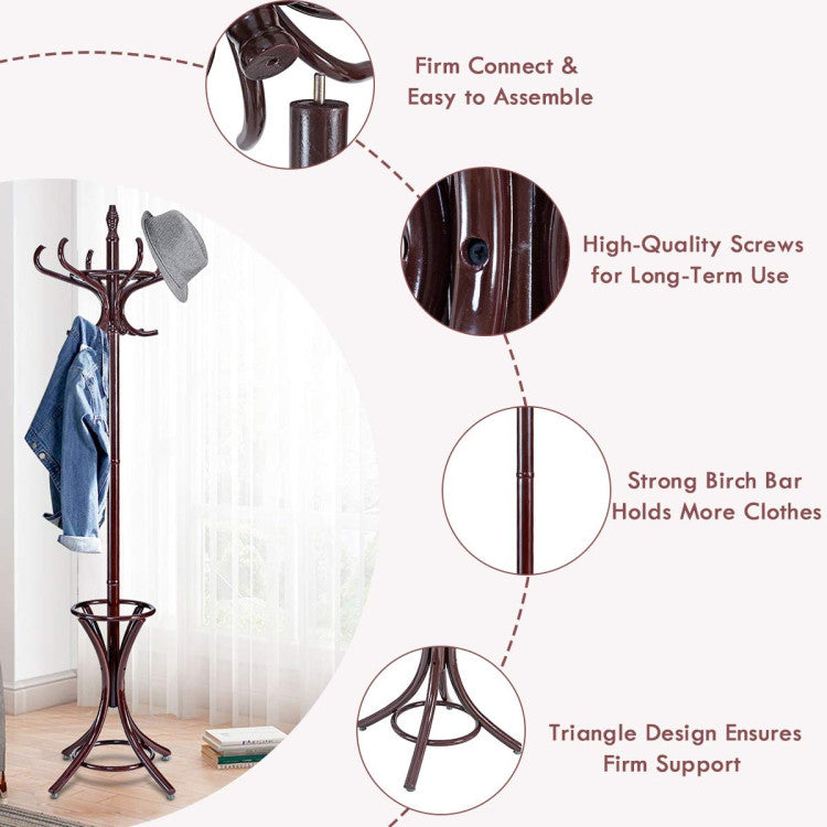 Wooden Standing Coat Rack Tree with 12 Hooks and Umbrella Stand