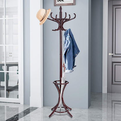 Wooden Standing Coat Rack Tree with 12 Hooks and Umbrella Stand