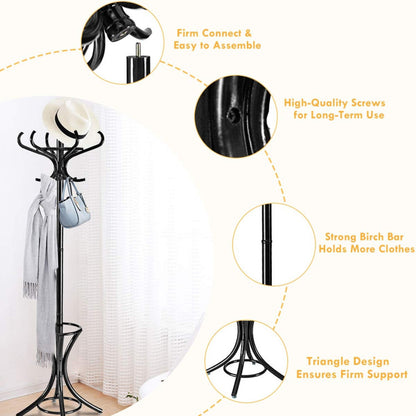 Wooden Standing Coat Rack Tree with 12 Hooks and Umbrella Stand