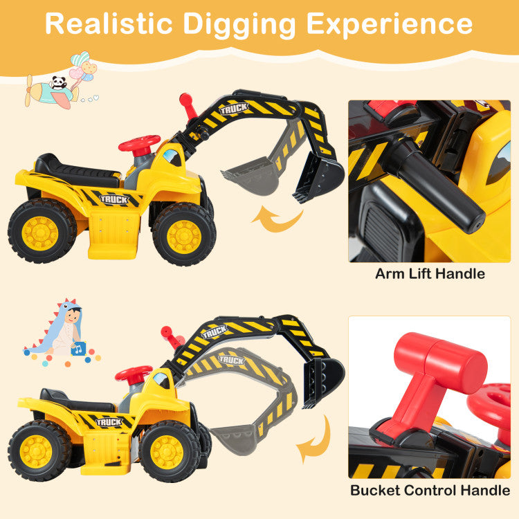 6V Electric Kids Ride on Excavator Pretend Play Toy Tractor with Basketball Hoop