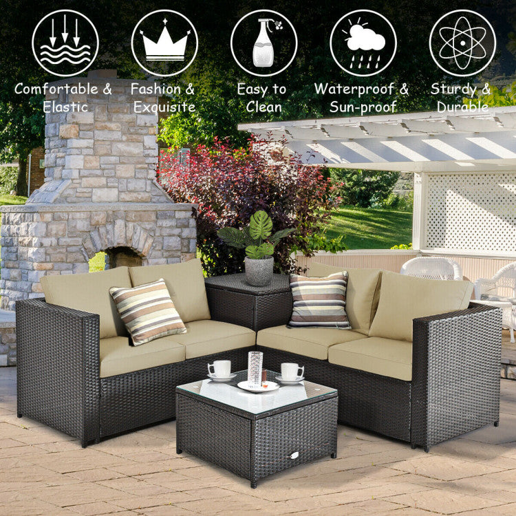 4 Piece Outdoor Patio Rattan Furniture Set with Loveseat and Storage Box