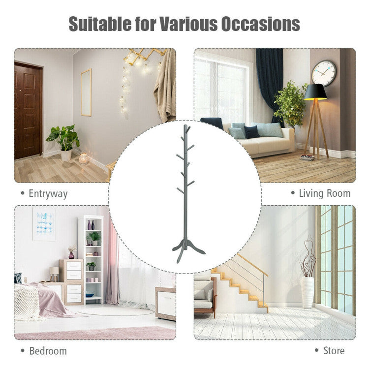 Adjustable Wooden Tree Coat Rack with 8 Hooks