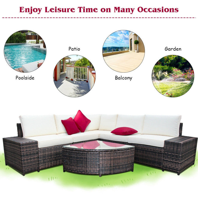 6-Piece Wicker Patio Sectional Sofa Set with Tempered Glass Coffee Table