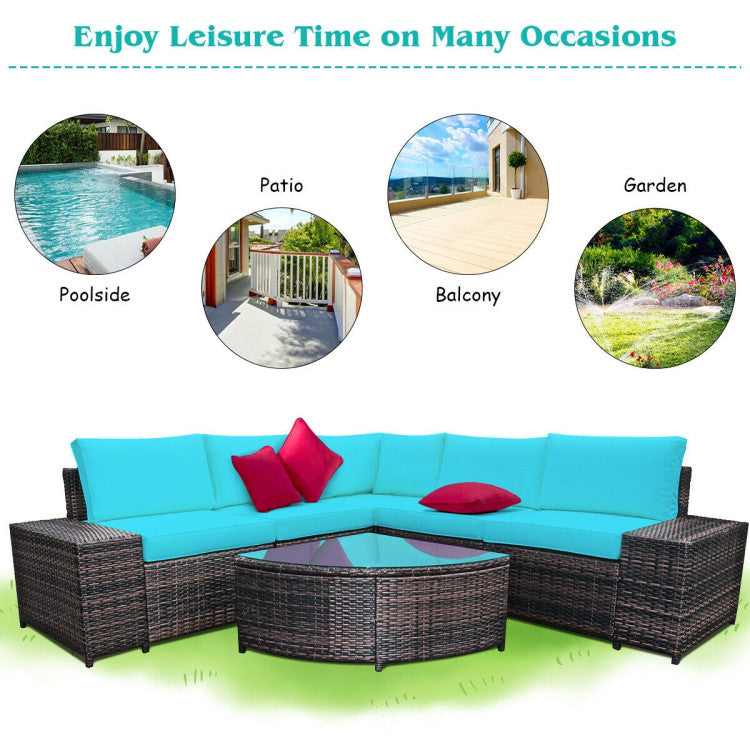 6-Piece Wicker Patio Sectional Sofa Set with Tempered Glass Coffee Table