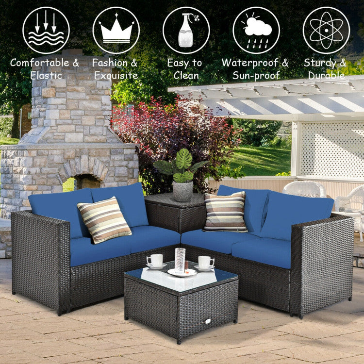 4 Piece Outdoor Patio Rattan Furniture Set with Loveseat and Storage Box