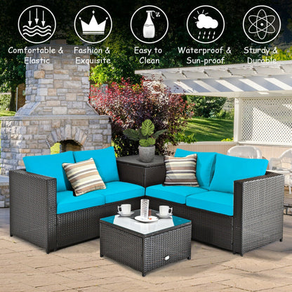 4 Piece Outdoor Patio Rattan Furniture Set with Loveseat and Storage Box