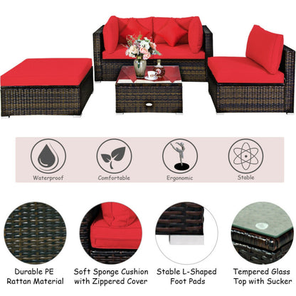 5 Piece Outdoor Patio Rattan Furniture Set Sectional Conversation with Cushions