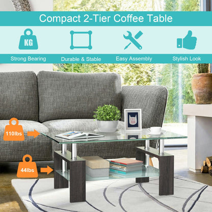 Rectangular Tempered Glass Coffee Table End Side Table with Shelf