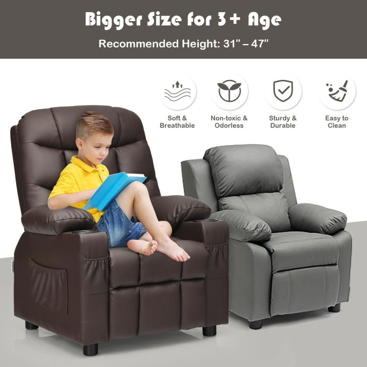 Kids PU Leather/Velvet Fabric Kids Recliner Chair with Cup Holders