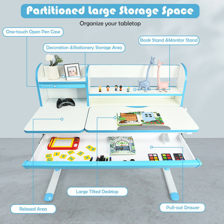 Adjustable-Height Study Desk with Drawer and Tilted Desktop for School and Home