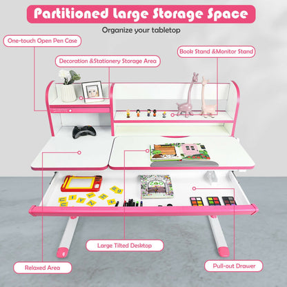 Adjustable-Height Study Desk with Drawer and Tilted Desktop for School and Home