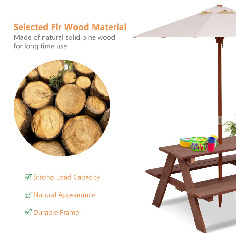 4-Seat Outdoor Kids Picnic Table Bench Set with Removable Umbrella