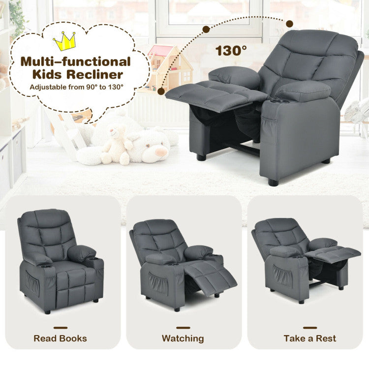 Kids PU Leather/Velvet Fabric Kids Recliner Chair with Cup Holders