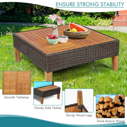 4 Piece Patio Cushioned Rattan Furniture Set with Wooden Side Table