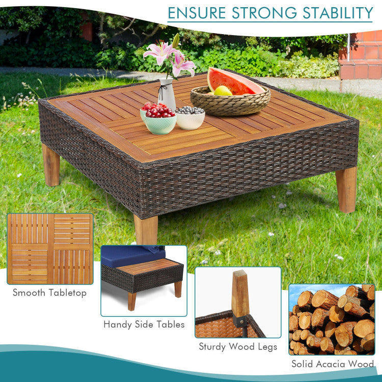 4 Piece Patio Cushioned Rattan Furniture Set with Wooden Side Table