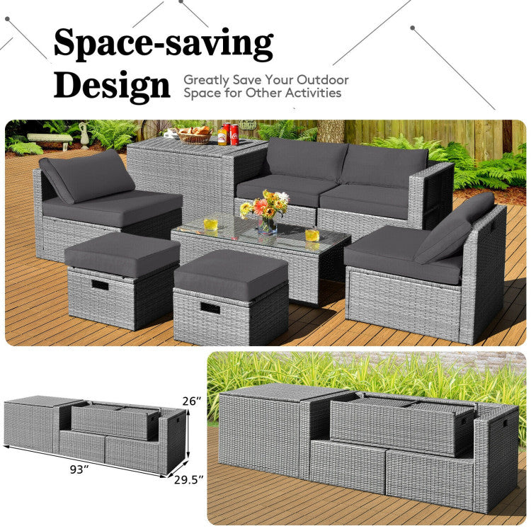8-Piece Patio Cushioned Rattan Furniture Set with Storage and Waterproof Cover