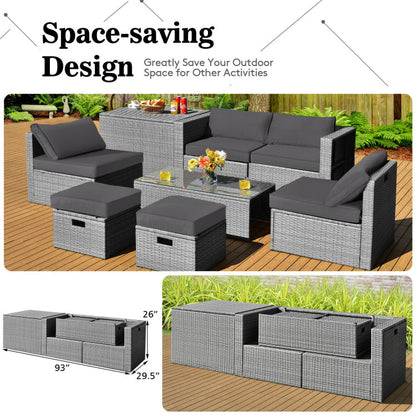 8-Piece Patio Cushioned Rattan Furniture Set with Storage and Waterproof Cover