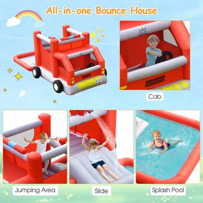 Fire Truck Themed Inflatable Kids Bounce House with 480W Blower