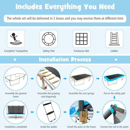 8 x 14' Rectangular Recreational Trampoline with Safety Enclosure Net and Ladder