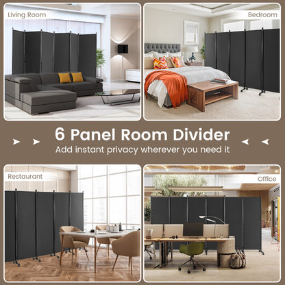 6 Panel, 6 Foot Tall Rolling Room Divider on Wheels