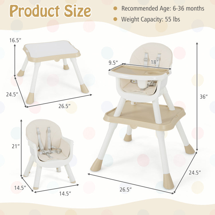 6-in-1 Convertible Baby High Chair with Removable Double Tray and PU Cushion