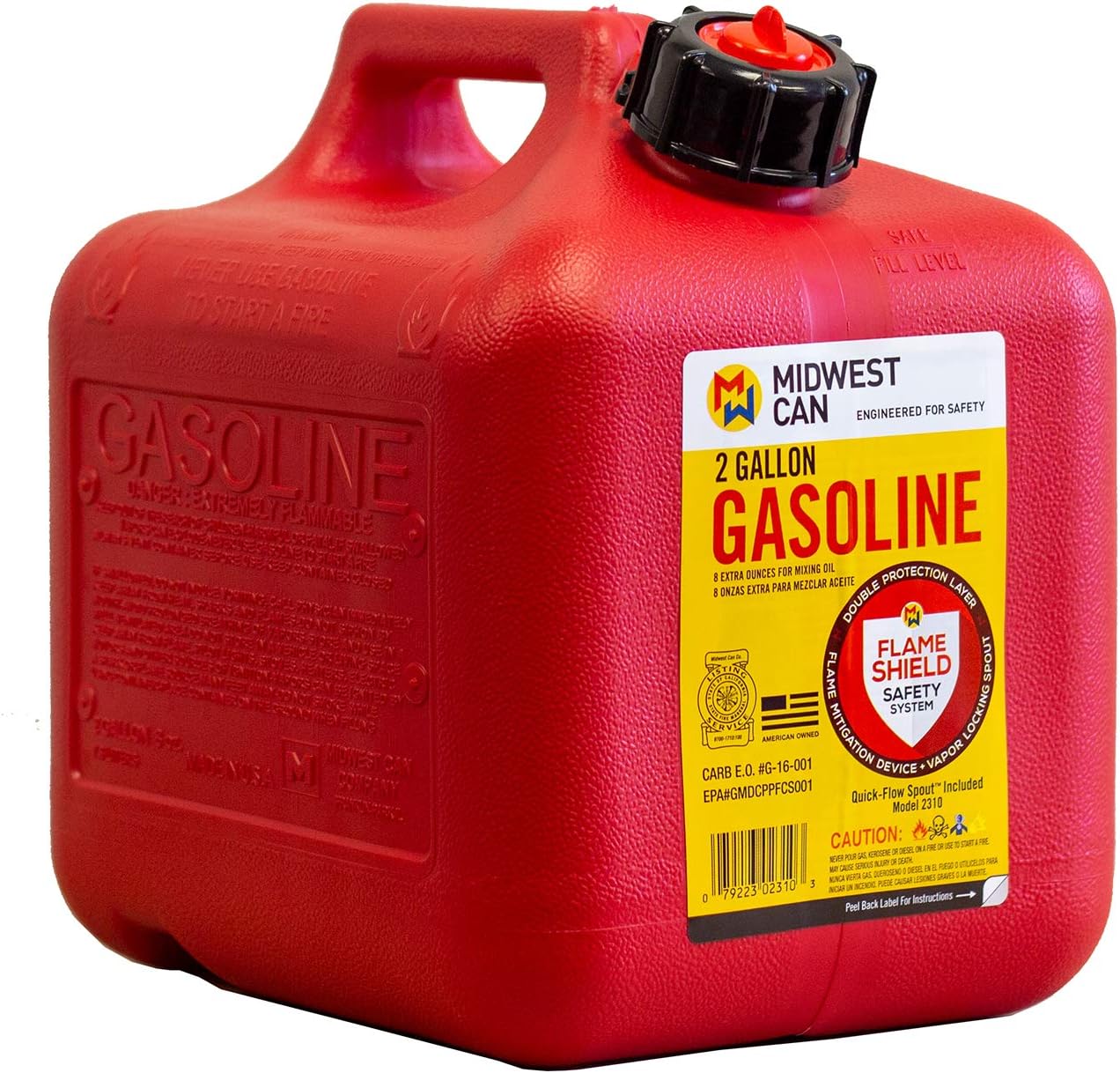 FLAME SHIELD Gas Can - Red HDPE, Includes Spout, Quick-Flow Spout, Self-Venting, CARB and EPA, 2 gallon, 9 3/4 in H, 7 3/4 in W,  9 1/4 in L