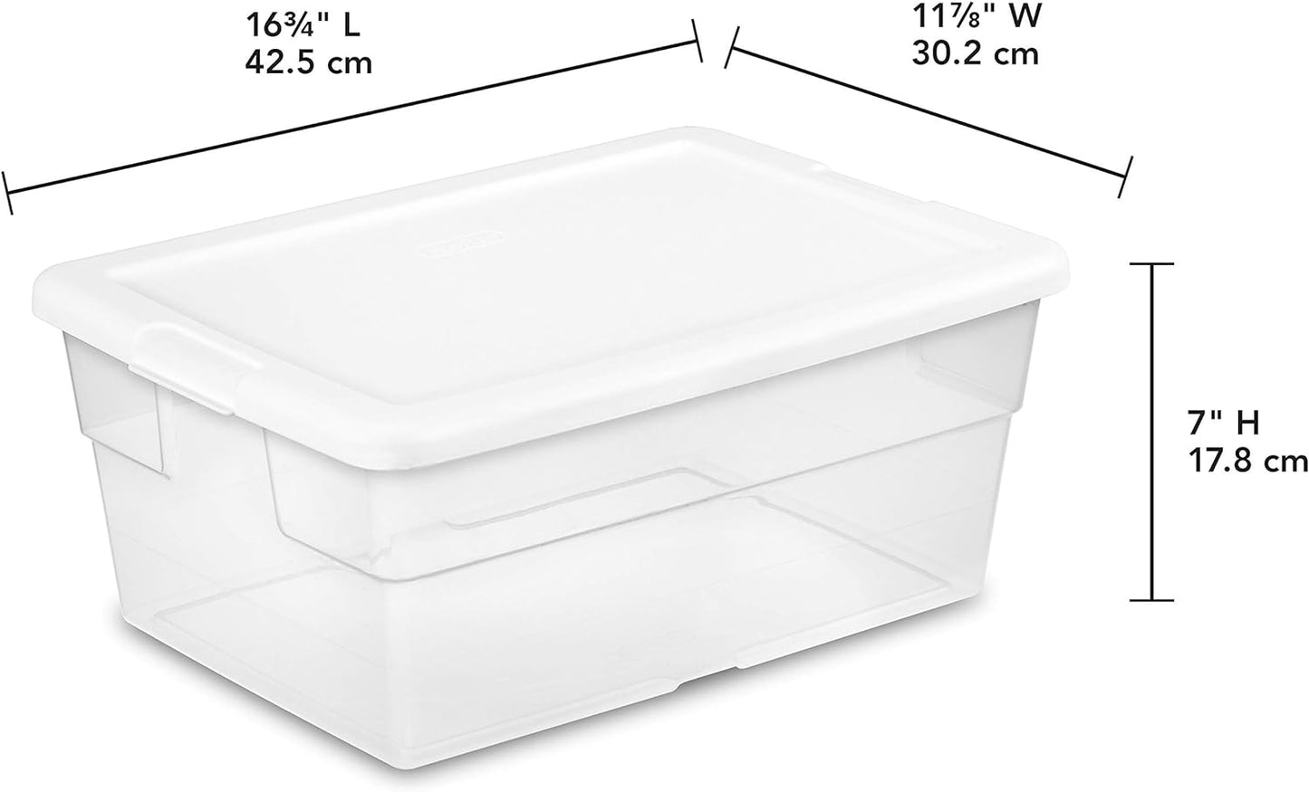 STERILITE Storage Tote - Clear with White Lid, Stackable Polypropylene Storage Bin with Snap-On Lid Locking, 4 gal, 16 3/4 in L x 11 7/8 in W x 7 in H