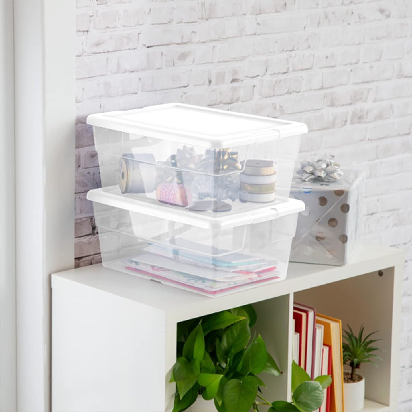 STERILITE Storage Tote - Clear with White Lid, Stackable Polypropylene Storage Bin with Snap-On Lid Locking, 4 gal, 16 3/4 in L x 11 7/8 in W x 7 in H