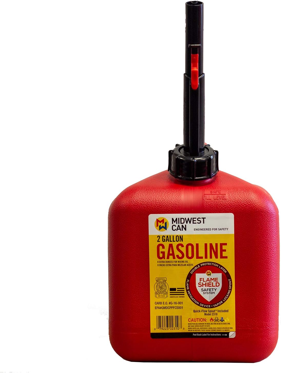 FLAME SHIELD Gas Can - Red HDPE, Includes Spout, Quick-Flow Spout, Self-Venting, CARB and EPA, 2 gallon, 9 3/4 in H, 7 3/4 in W,  9 1/4 in L