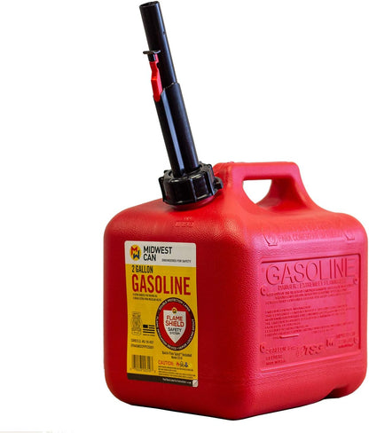 FLAME SHIELD Gas Can - Red HDPE, Includes Spout, Quick-Flow Spout, Self-Venting, CARB and EPA, 2 gallon, 9 3/4 in H, 7 3/4 in W,  9 1/4 in L