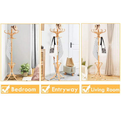 Wooden Standing Coat Rack Tree with 12 Hooks and Umbrella Stand