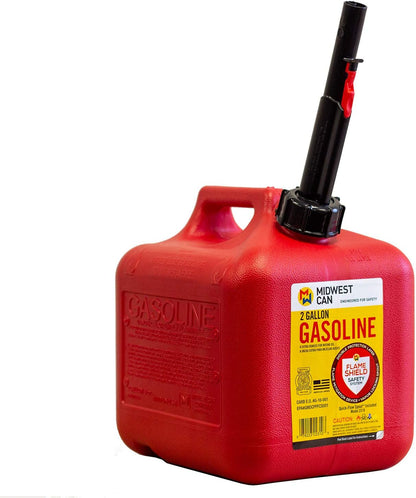 FLAME SHIELD Gas Can - Red HDPE, Includes Spout, Quick-Flow Spout, Self-Venting, CARB and EPA, 2 gallon, 9 3/4 in H, 7 3/4 in W,  9 1/4 in L