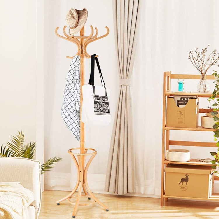 Wooden Standing Coat Rack Tree with 12 Hooks and Umbrella Stand