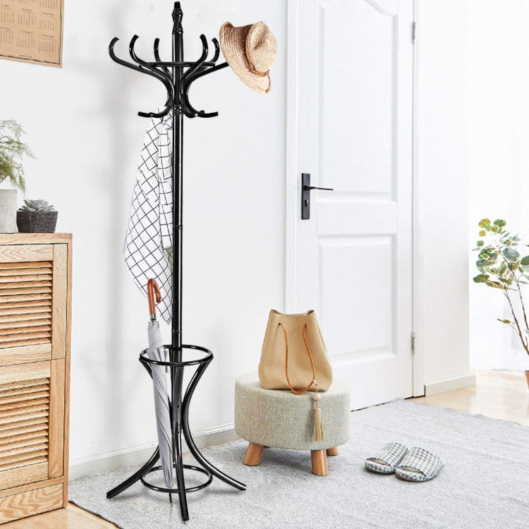 Wooden Standing Coat Rack Tree with 12 Hooks and Umbrella Stand