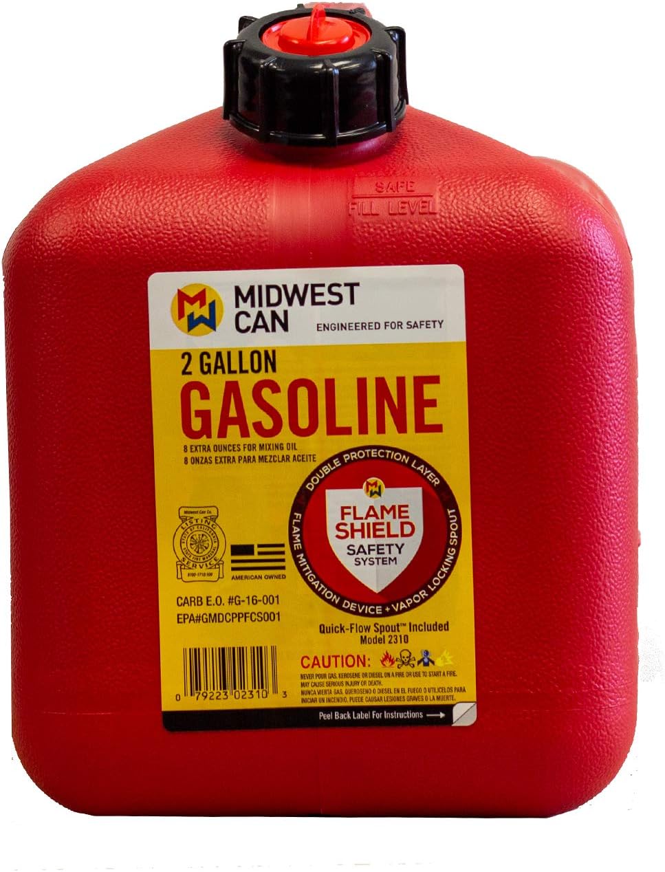 FLAME SHIELD Gas Can - Red HDPE, Includes Spout, Quick-Flow Spout, Self-Venting, CARB and EPA, 2 gallon, 9 3/4 in H, 7 3/4 in W,  9 1/4 in L