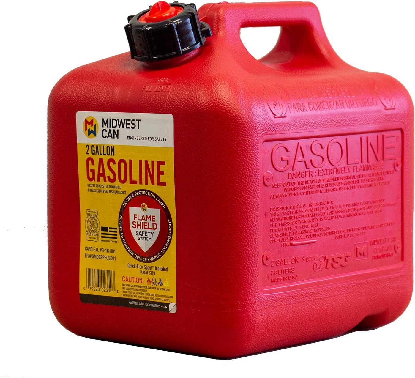 FLAME SHIELD Gas Can - Red HDPE, Includes Spout, Quick-Flow Spout, Self-Venting, CARB and EPA, 2 gallon, 9 3/4 in H, 7 3/4 in W,  9 1/4 in L