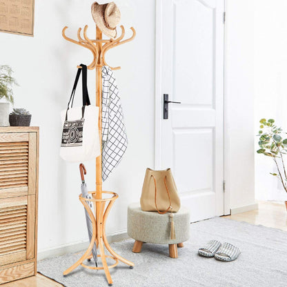 Wooden Standing Coat Rack Tree with 12 Hooks and Umbrella Stand