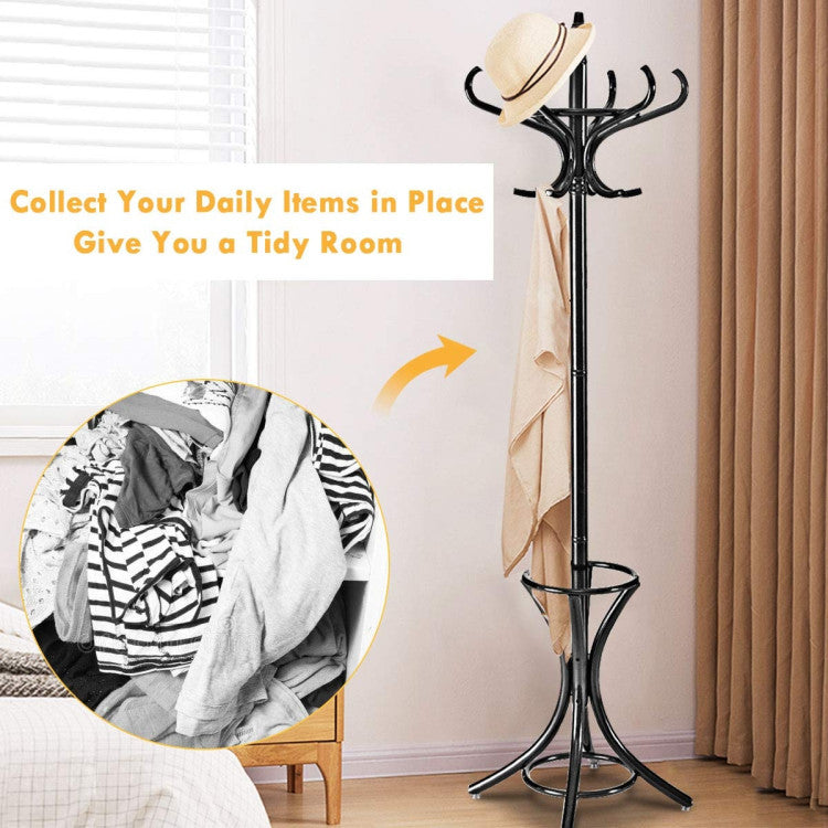 Wooden Standing Coat Rack Tree with 12 Hooks and Umbrella Stand